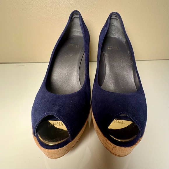 Stuart Weitzman Anna blue suede peep-toe platform cork wedge pumps Size 7.5 - Picture 3 of 9
